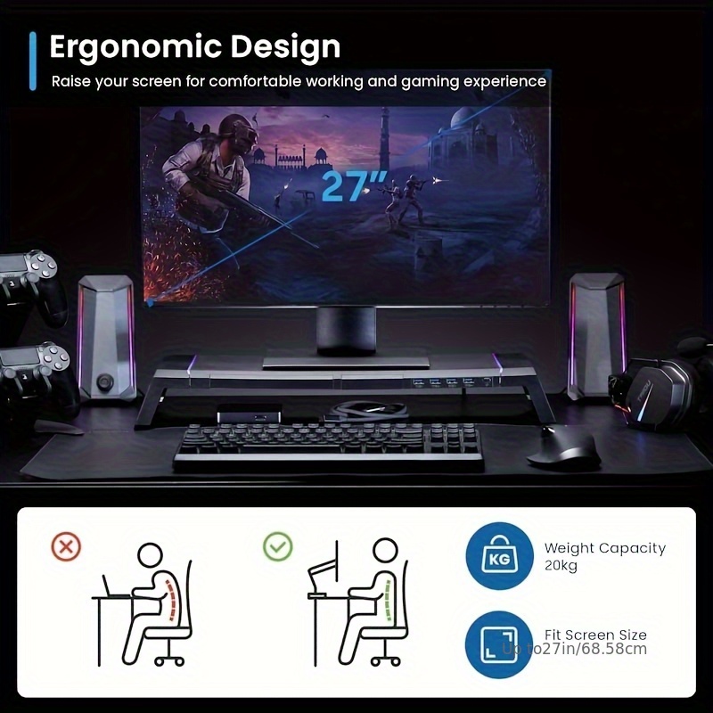 Ergonomic Monitor Stand with RGB Lighting, 4 USB Ports & Storage Compartment – Adjustable Height up to 80mm, Foldable Design for PC, Laptop, Desktop, and Mobile Devices, Device Accessory | Nonslip Features, Monitor Stand for Desk