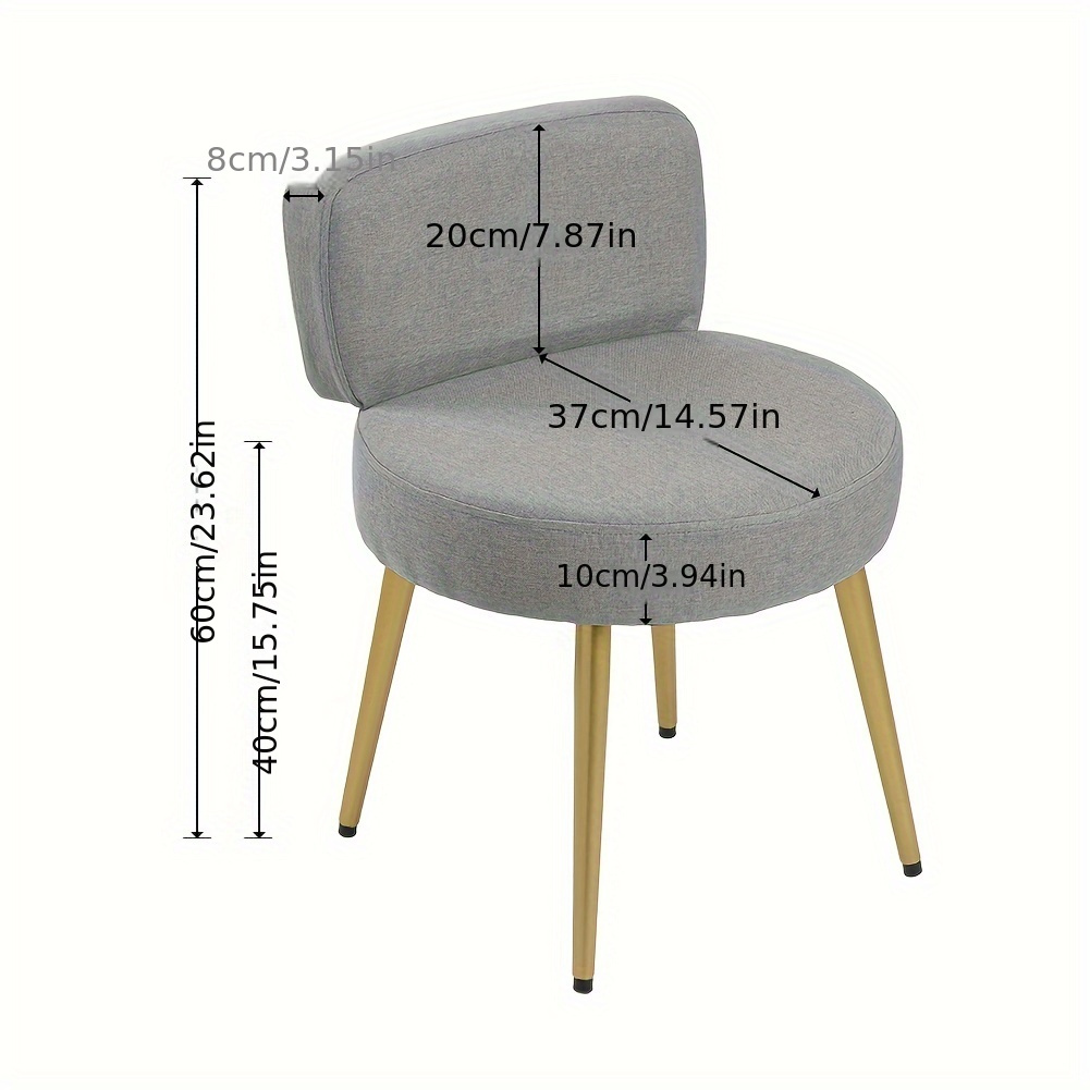 TEMU 1pcs Linen Soft Upholstery Dressing Table Stool Side Chair Makeup Bedroom Rest Chair Golden Metal Legs Grey