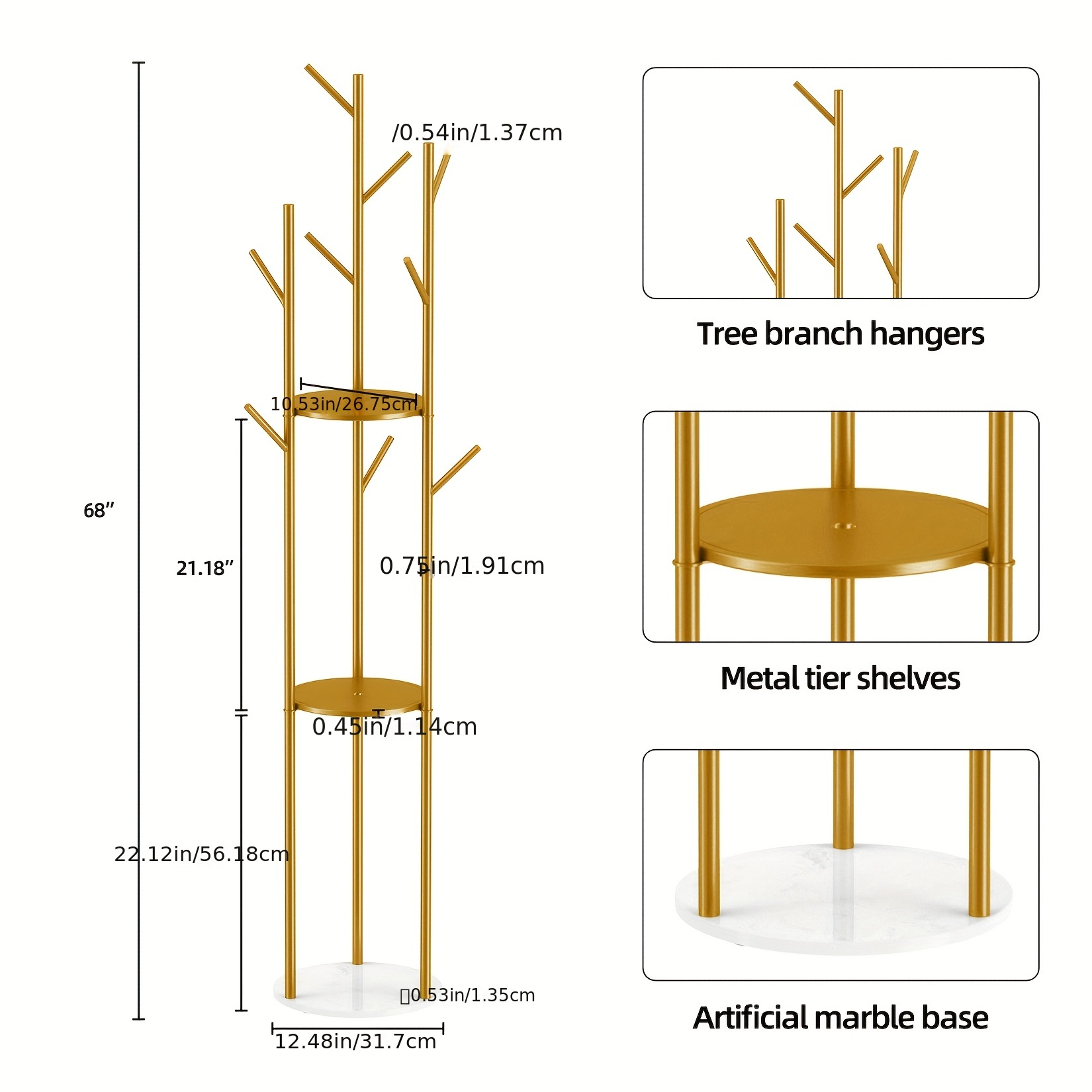 TEMU Aesome Golden Coat Racks Freestanding Metal Coat Racks Stand 3-tier Storage Shelves With 9 Hooks And Stable Stone Base For Entryway Coat Racks