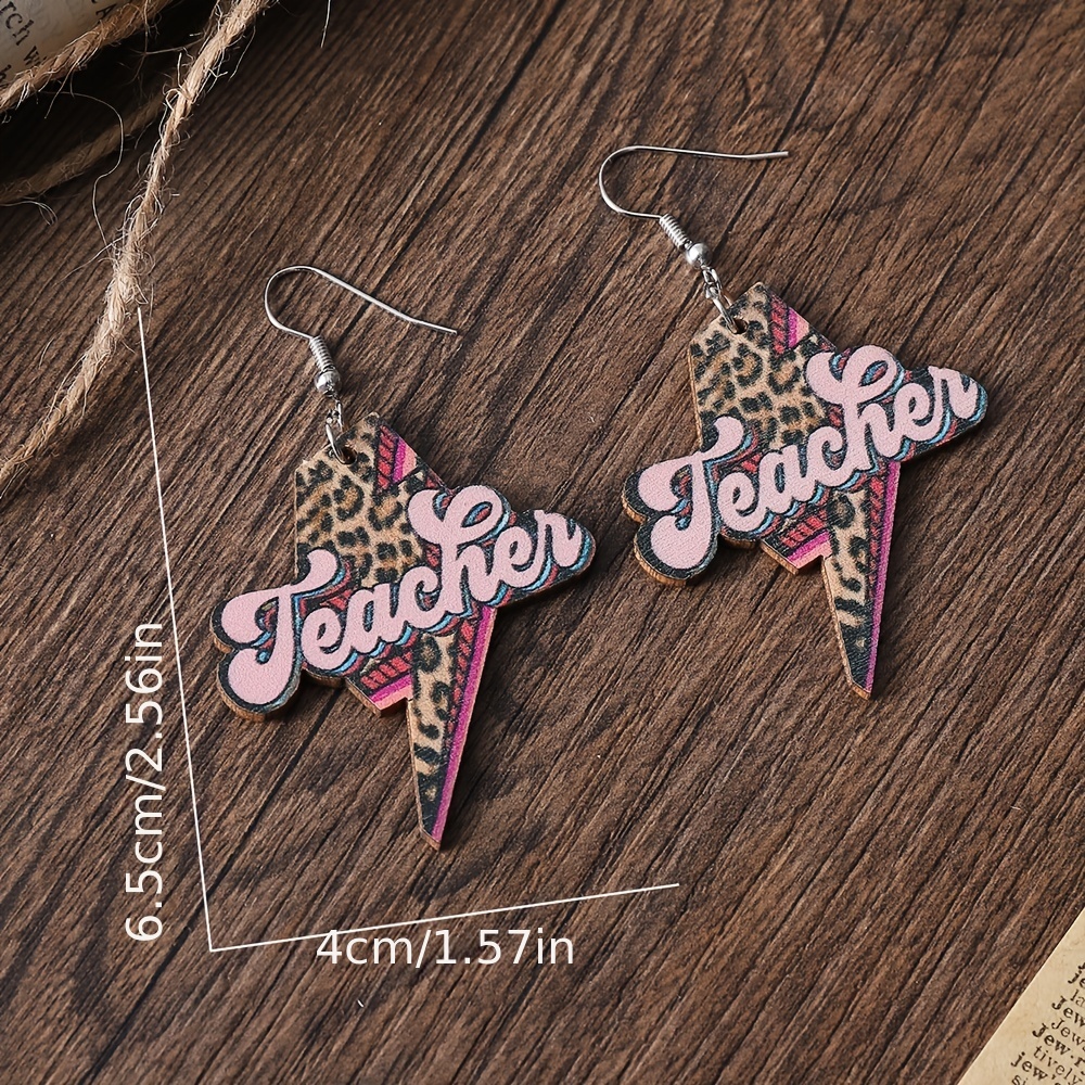 Leopard Lightning Teacher Earrings Double Sided Wooden Earrings Teacher Gift Temu