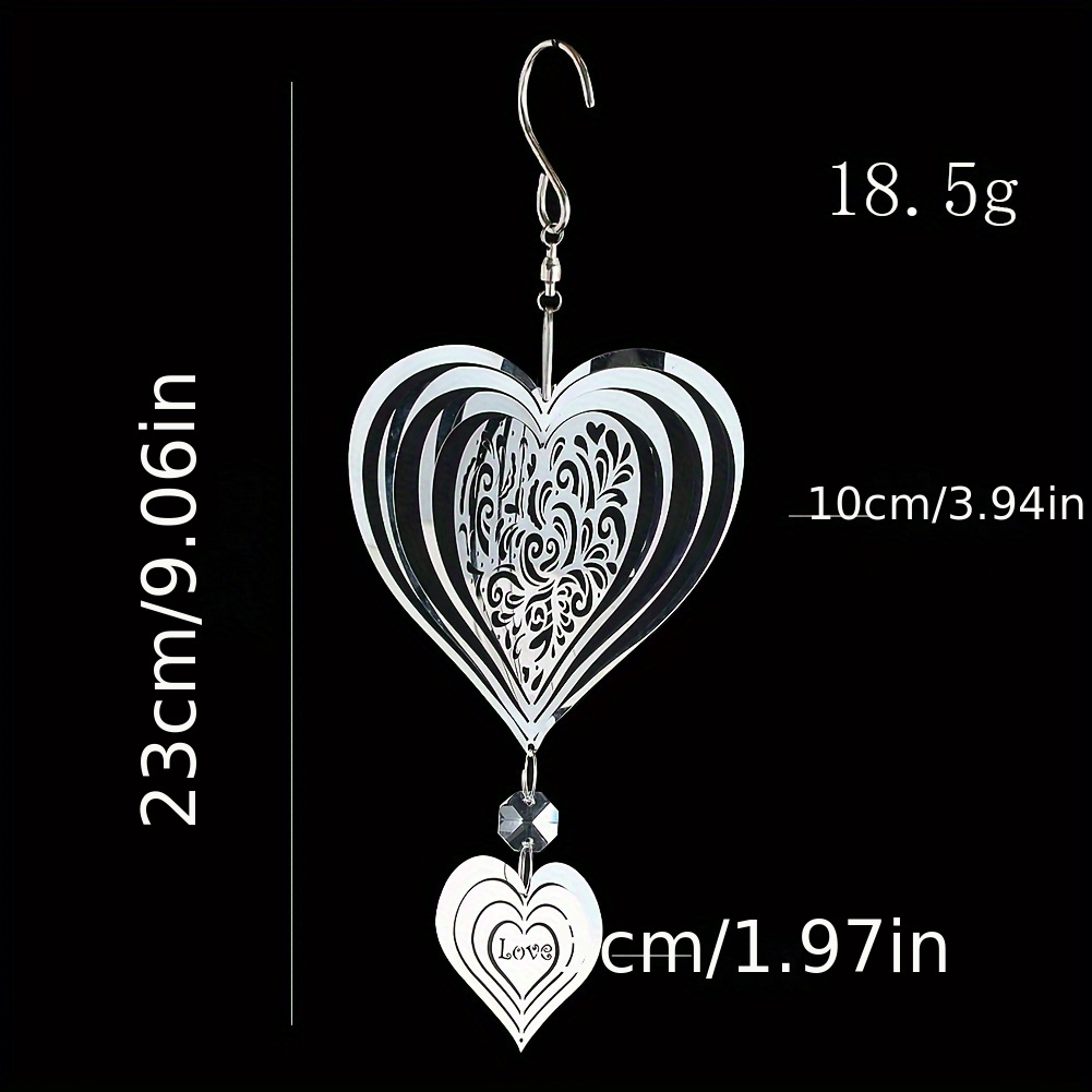 Image of Heart Hanging Decor Stainless Steel Wind Chimes Mirror 3d Flowing Whirligigs Illusion Effect Outdoor Yard Pendant With Swivel Rotate Hook Bird Deterrent