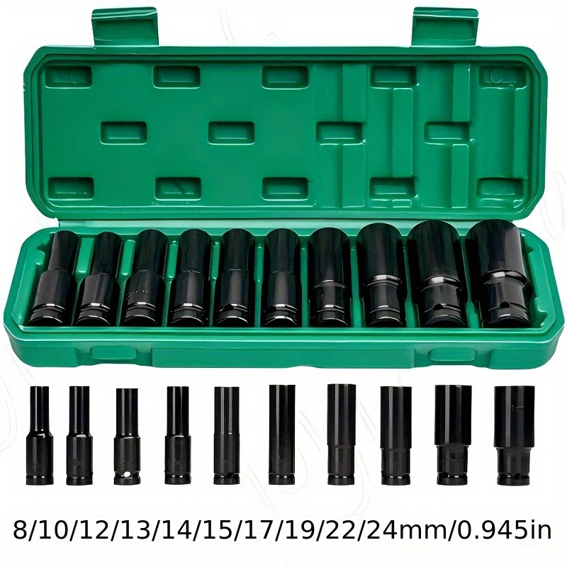 TEMU 10pcs Impact Wrench Set 1/2 Inch Socket Set 10-24mm Socket Set 1/2 Inch With Socket Adapter And Extension Rod, Hex Socket Wrench For Car Repair Tire Change