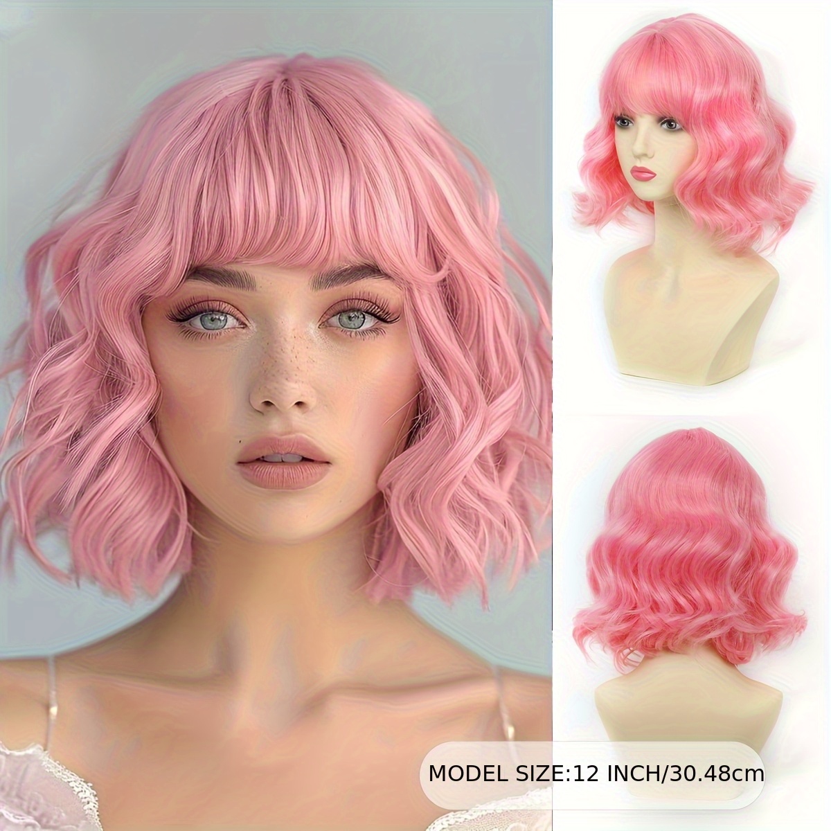 anime cosplay short bob wig bangs 12 inch vibrant pink curly