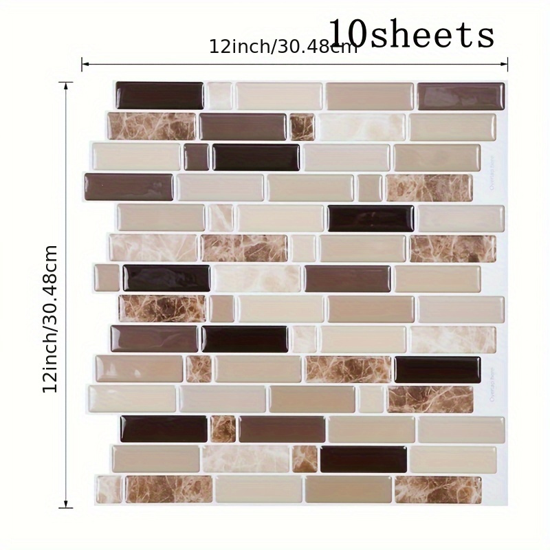 Image of 10pcs 3d Self Adhesive Wall Tile Sticker, Kitchen Backsplash Waterproof Sticker, 12x12 Inch Decorative Home Renovation Wall Tile Sticker For Kitchen, Balcony, Sink, Bathroom, Restaurant Stick On Tile