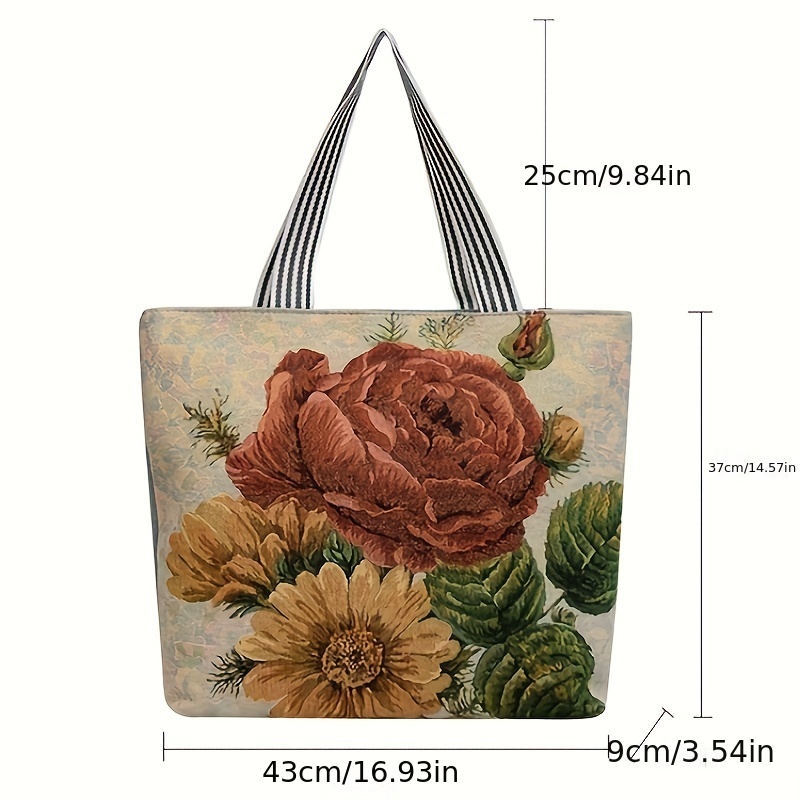 Classic Flowers Print Shoulder Bag, Stylish Large Capacity Handbag,  Portable Zipper Storage Bag - Temu