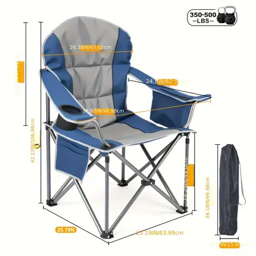 heavy duty camping chair with wide seat extra sturdy heavy duty folding outdoor chair with cup holder side mesh pockets cooler strap storage bag for camping fishing beach backyard supports 350 500 lbs some models may have different weight please to product specs camping furniture beach lounger portable furniture reinforced construction travel seating