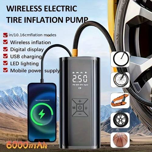 1pc cordless tire inflator pump with digital pressure gauge led light usb type c charging portable air compressor for car motorcycle 4500mah rechargeable lithium battery emergency power function sports equipment pump portable pump durable construction air pump for car tires