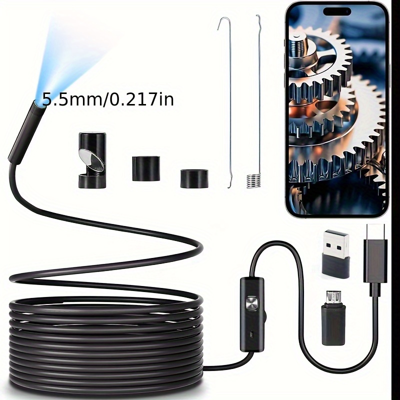 Endoscopio USB Tipo-C, Cámara Móvil para Reparación Automotriz e Industriales, Sonda Impermeable IP67 con Cables Duros y Blandos, 6 LED de 5.5mm de Diámetro, Grabación de Video y Memoria para Teléfono