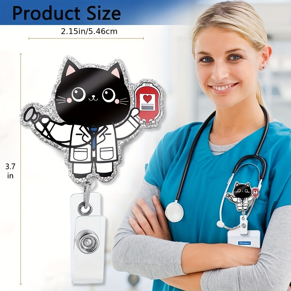 Valentine's Day,pc Funny Black Cat Doctor Silver Glitter Retractable Badge Reel with Shark Clip, Cute Black Cat Blood Pack Badge Holder Gift for