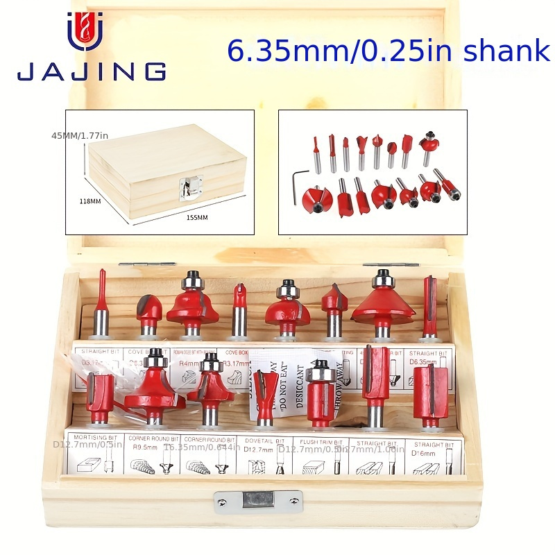 

15pcs Jaijing Carbide Woodworking Tool Set - Precision Milling With 1/4" Shank For Diy , Includes Box, Ideal For Crafting Lines & On Wood/hard Floors