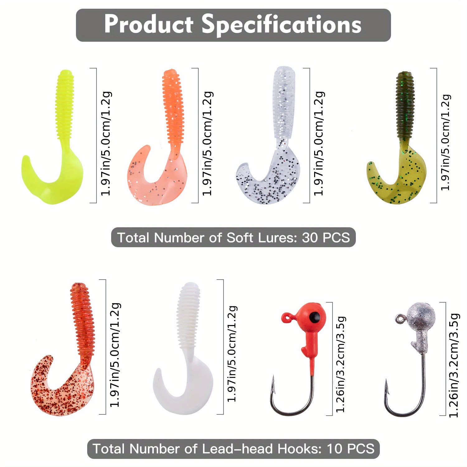 40pcs/lot Soft Lure Kit Soft Fishing Lure 1.97inch 0.7g Jig Head Hook  1.26inch 0.12oz Fishing Hooks With Fishing Tackle Box Pesca