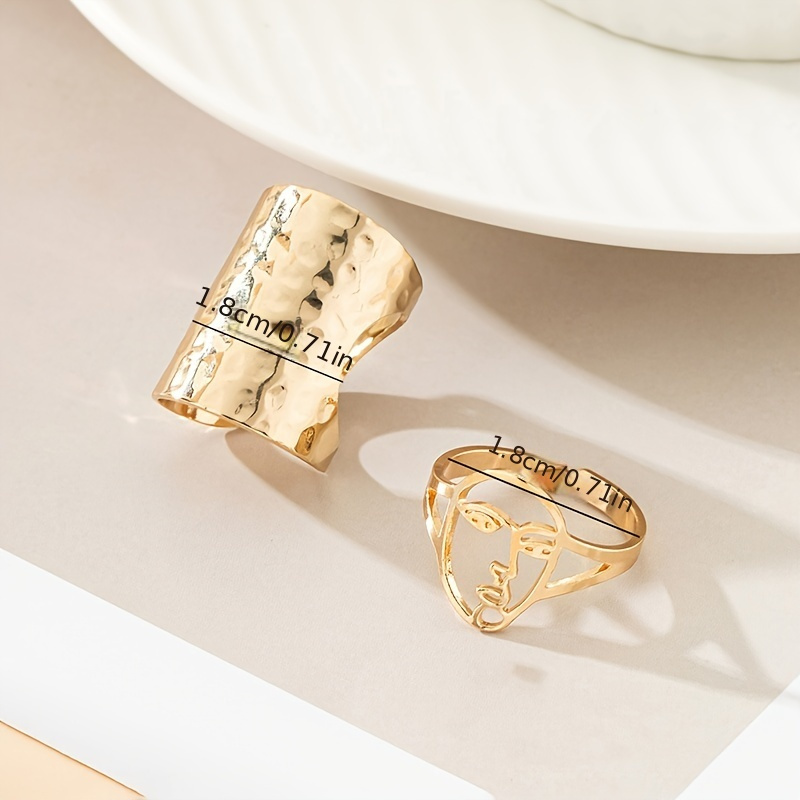 Adjustable Open Ring Set Abstract Face Cutout and Textured Folded Alloy No Stone