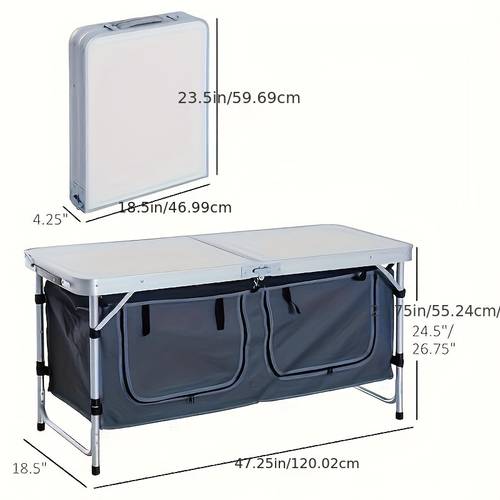 4ft flower white mdf table top outdoor folding table aluminum frame rectangle with blue cloth cabinet 3 height adjustable