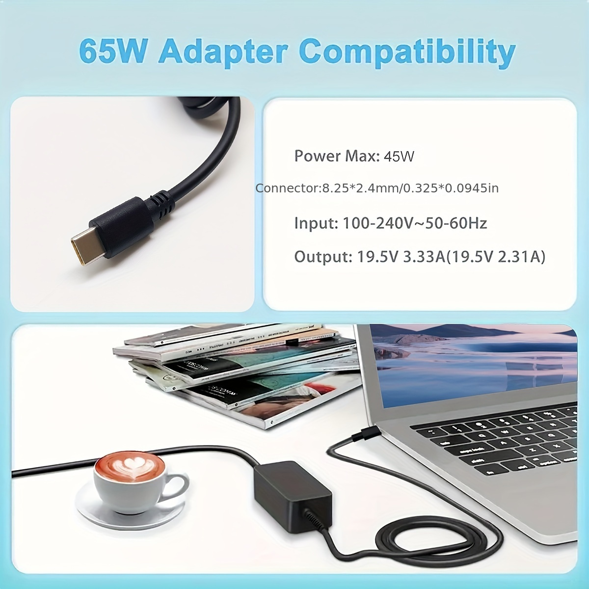 Cargador USB C tipo C de 45 W, adaptador de corriente de carga rápida para  laptop, ampliamente compatible con HP, Dell, Lenovo, Acer, Asus, Samsung