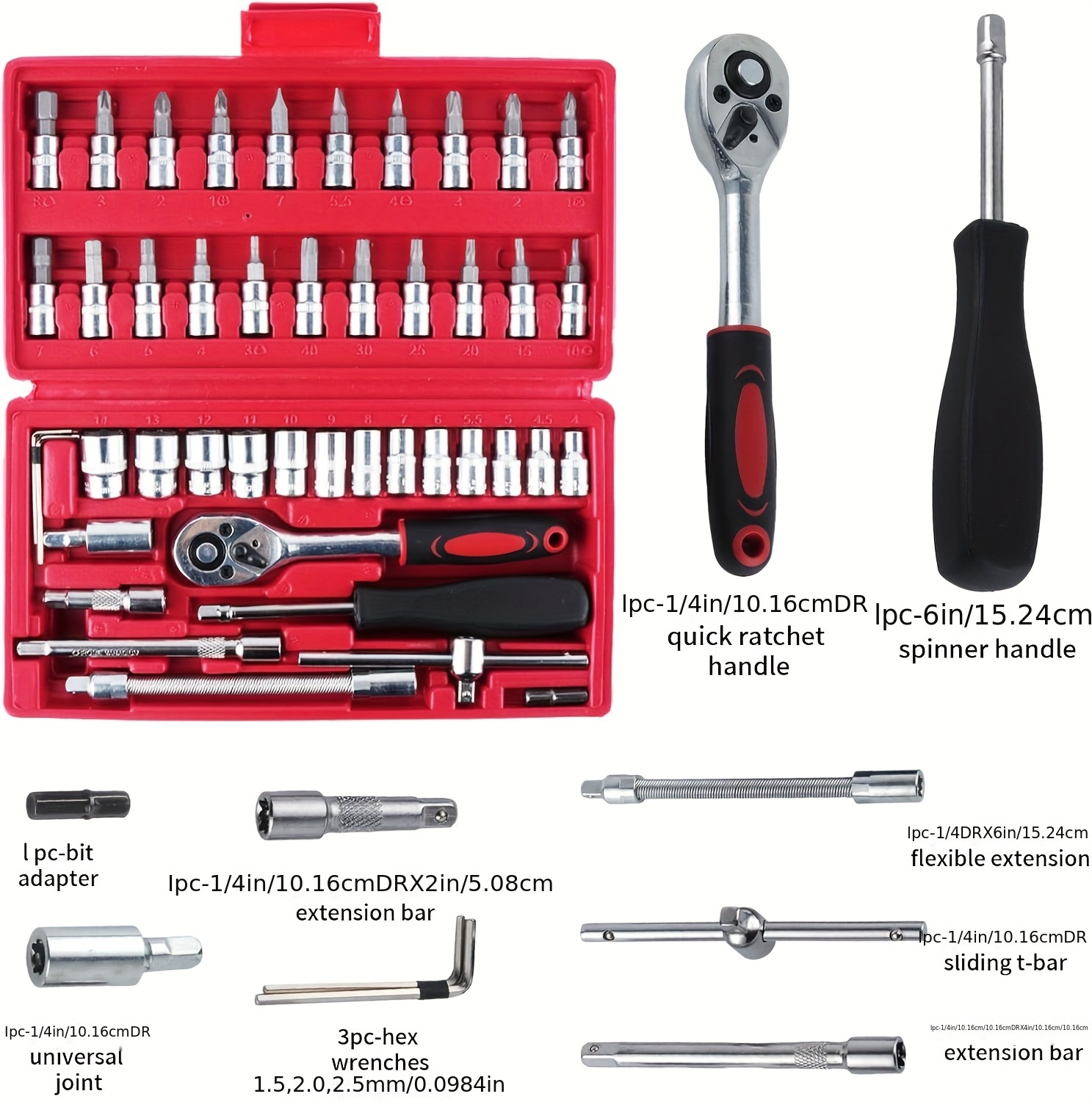 46件汽车维修工具套装 - 专业机械师手动工具，含1/4英寸驱动棘轮、套筒和六角钻头，适用于车辆保养和家庭使用 详情 0