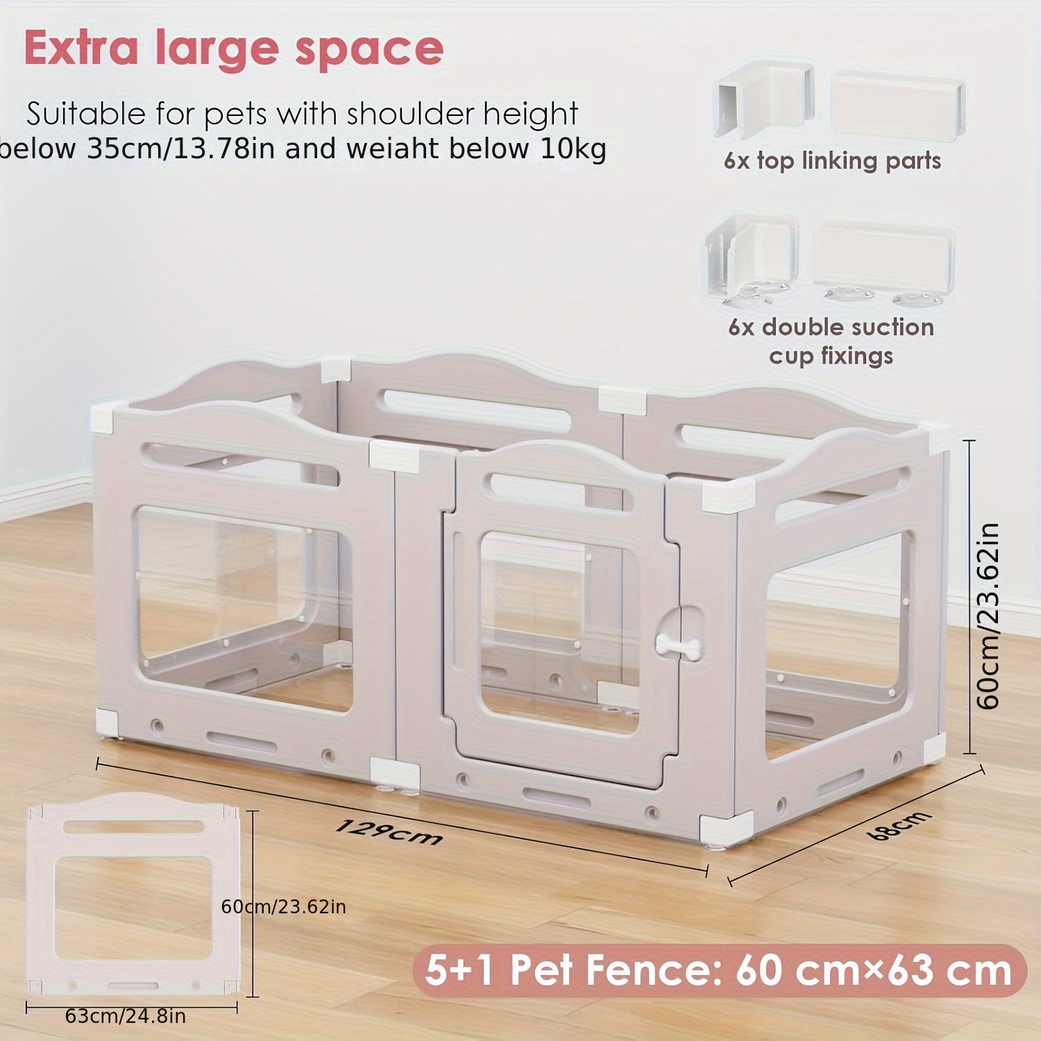 Image of 5+1 Acrylic Puppy Run, 60cm High, Dog Playpen With Door, Grid-free Puppy Playpen, Foldable Dog Playpen For , Suction Cup, Ground Anchor, Transparent, Indoor Dog Kennel For Puppies