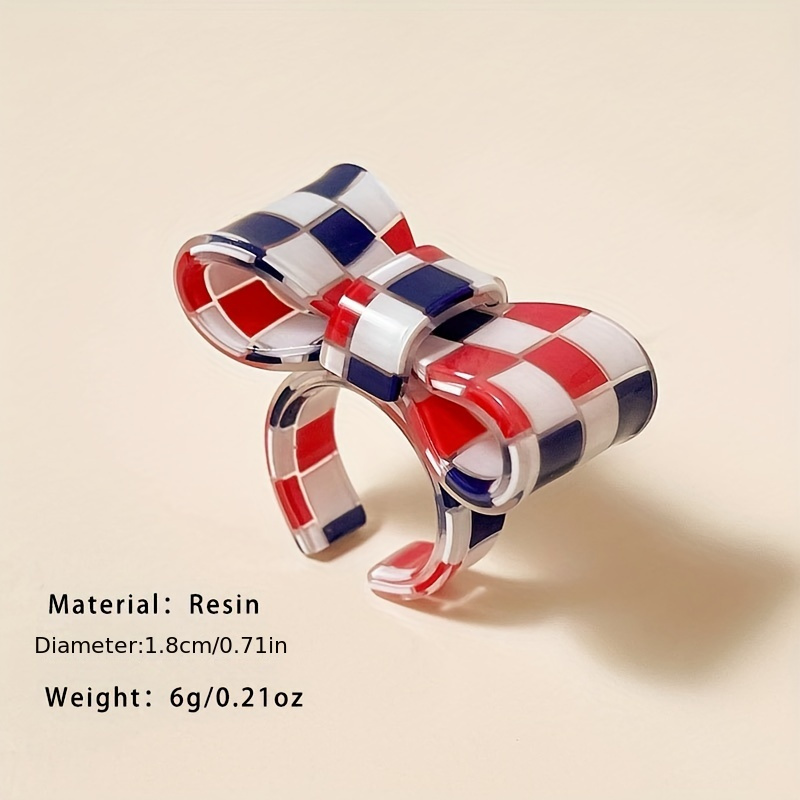 Resin Bowknot Rings Checkered Block Statement Rings for Women