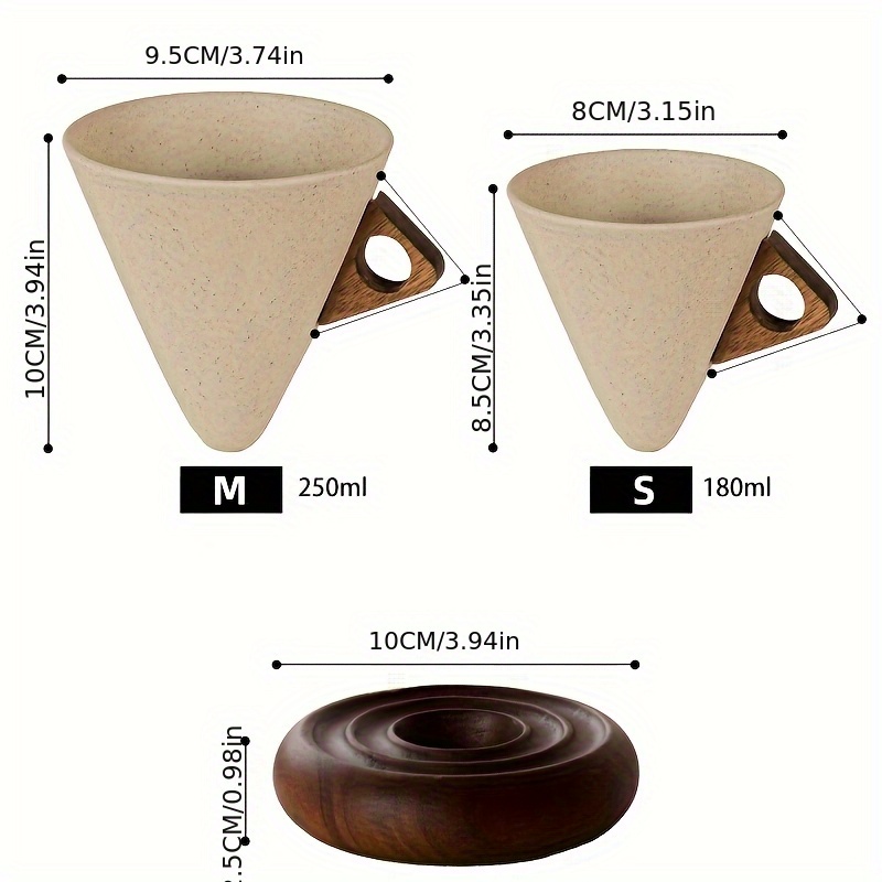 1 Thick Ceramic Handmade Coffee Cup with Wide Spout, Funnel Shape and Genuine Wooden Handle & Coaster Set for High-End Home Office Café Use - Ideal as a Present