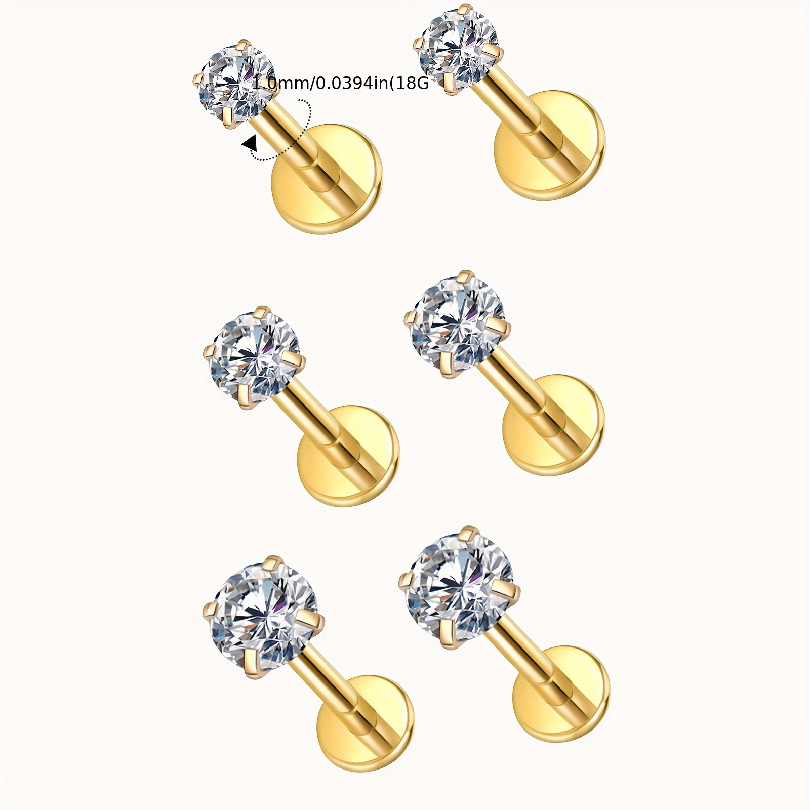 6pcs 16G Flat Back Earrings Studs Cartilage Jewelry 316L Stainless Steel