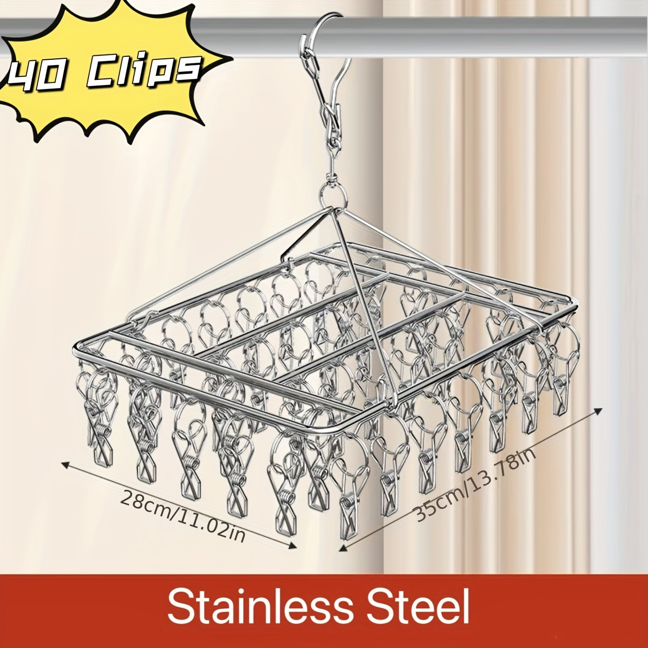 TEMU Stainless Steel Laundry Drying Rack With 40 Clips - Polished Finish, Swivel Hook, Wind-proof, For Socks, Underwear & Small Items