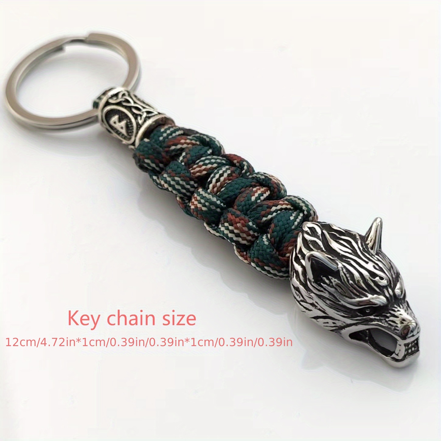 Stainless Steel Viking Wolf Head Keychain - Sporty Hand-Woven Polyester, Fashion Accessory for Men, Key Chain details 1