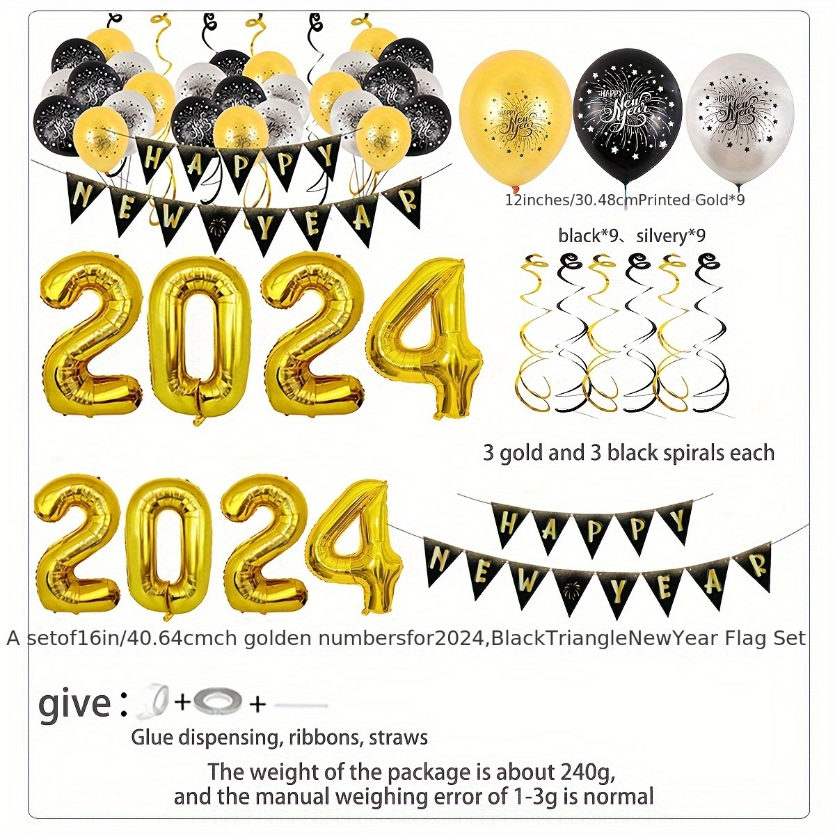 Nouvel Réveillon Décorations An 2024 Noir Or Ballons Fête