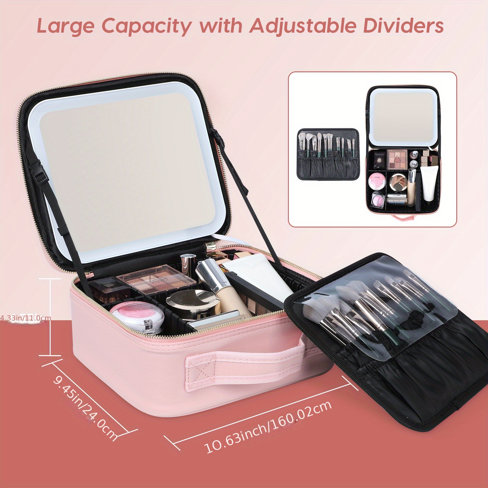 lighted makeup travel train case with mirror led light 3 adjustable brightness cosmetic bag portable storage adjustable partition waterproof toiletry bag with makeup brushes holder gift for women details 2