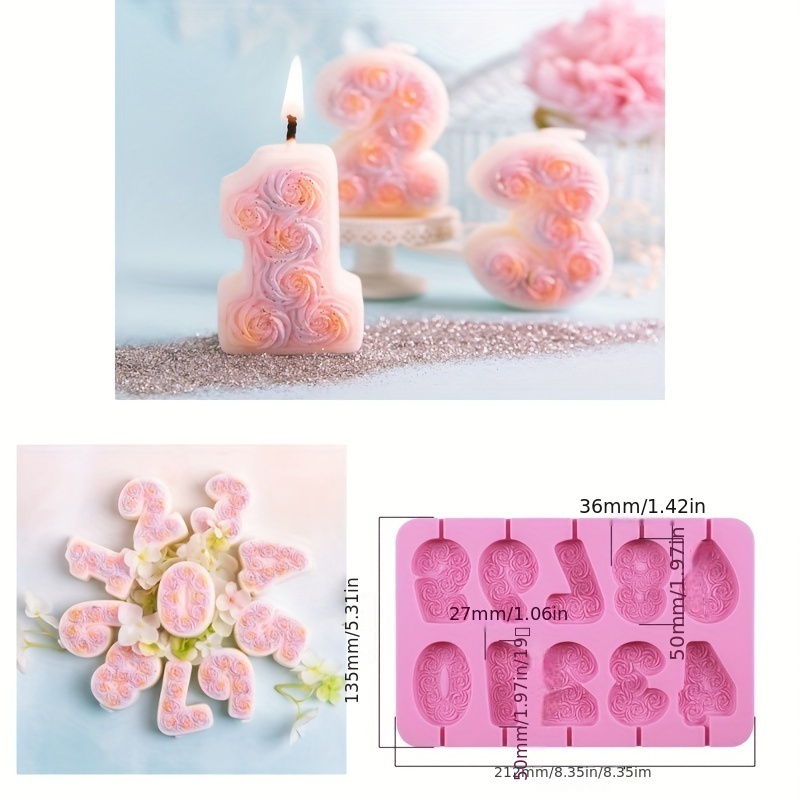 

Rose Flower Silicone Mold For Diy Candles Chocolate, Numbers 0-9, For Birthday Wedding Party Cake Decoration, Pink Mold 212mm/8.35in