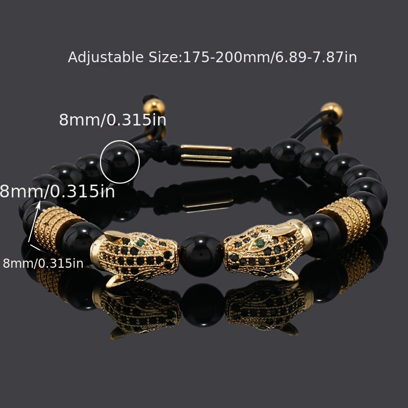 1pc Pulsera de piedra brillante negra para hombre con doble dije de cabeza de leopardo - Joyería elegante de cobre y zircón sintético, perfecta para fiestas y cumpleaños, estilo casual, pulsera de vestir casual | Pulsera con dije de cabeza de leopardo | Pulsera de cuentas de vidrio