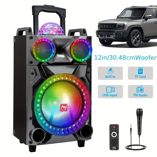 portable wireless hi fi outdoor speaker with 12 woofer 3 tweeter mic pa system heavy bass treble rec fm karaoke machine with stereo loudspeaker flashing party light wheels subwoofer speaker car stereo receivers
