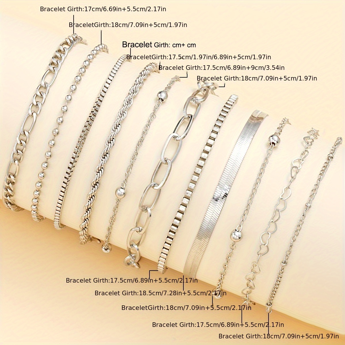 11pc Twisted Snake Bone Chain Bracelet Set for Ladies