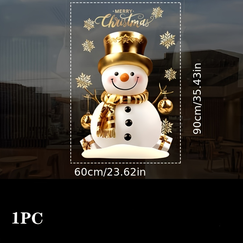 1st Klassieke Sneeuwpop Kerstraamstickers - Dubbelzijdige Elektrostatische Glassticker met Gouden Hoed & Sjaal, Feestelijke Kerstdecoratie voor Thuis & Winkels - Afbeelding 4