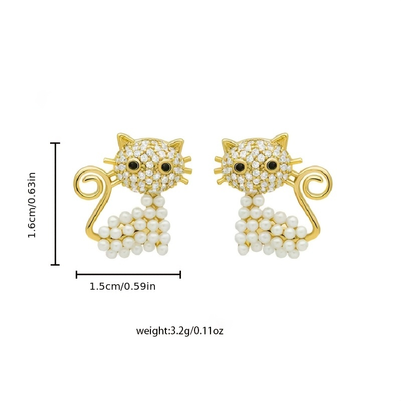 CZ Cat Stud Earrings 925 Silvery Post with Rhinestone for Women