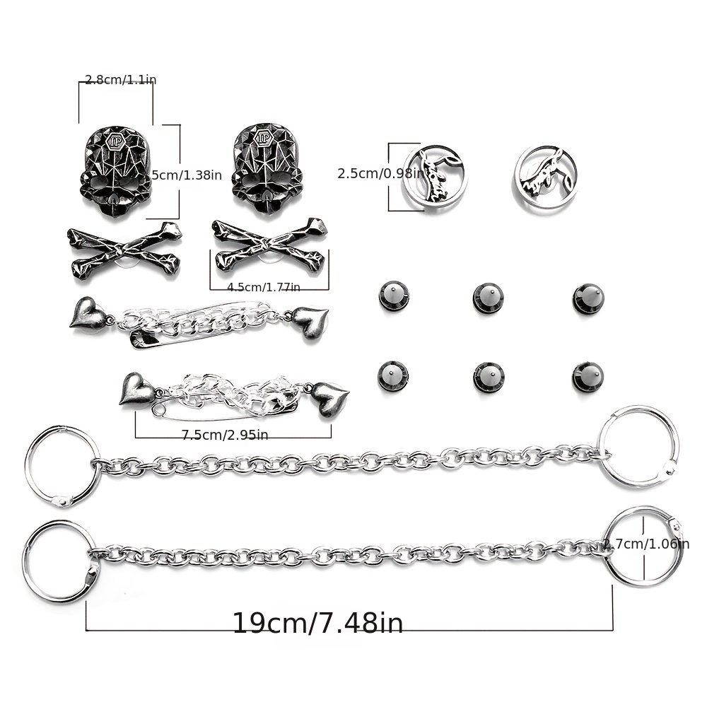 hanaiette Punk Croc Charms Goth Shoes Accessories Sandals Decorations with  Metal Spikes Chains and Skull Set for Clogs