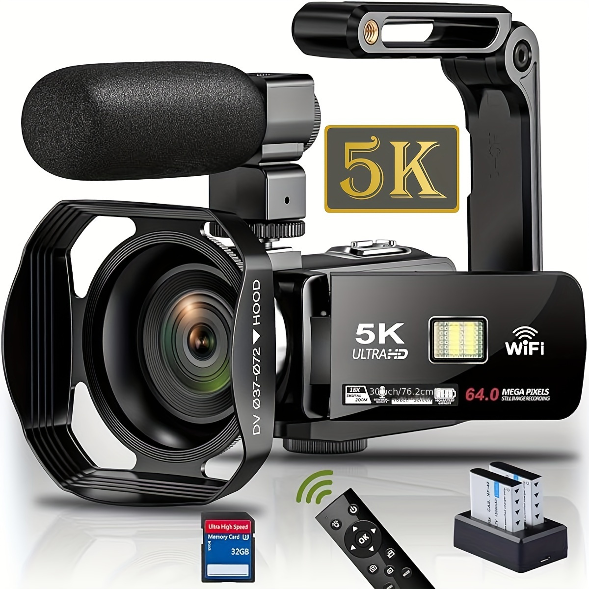 

5k Video Camera 64mp Camcorder Ir Vlogging Camera 18x Wifi Digital Camera For Youtube 3.0'' Touch Camera With 32gb Sd Card, Microphone, 2.4g Remote Control