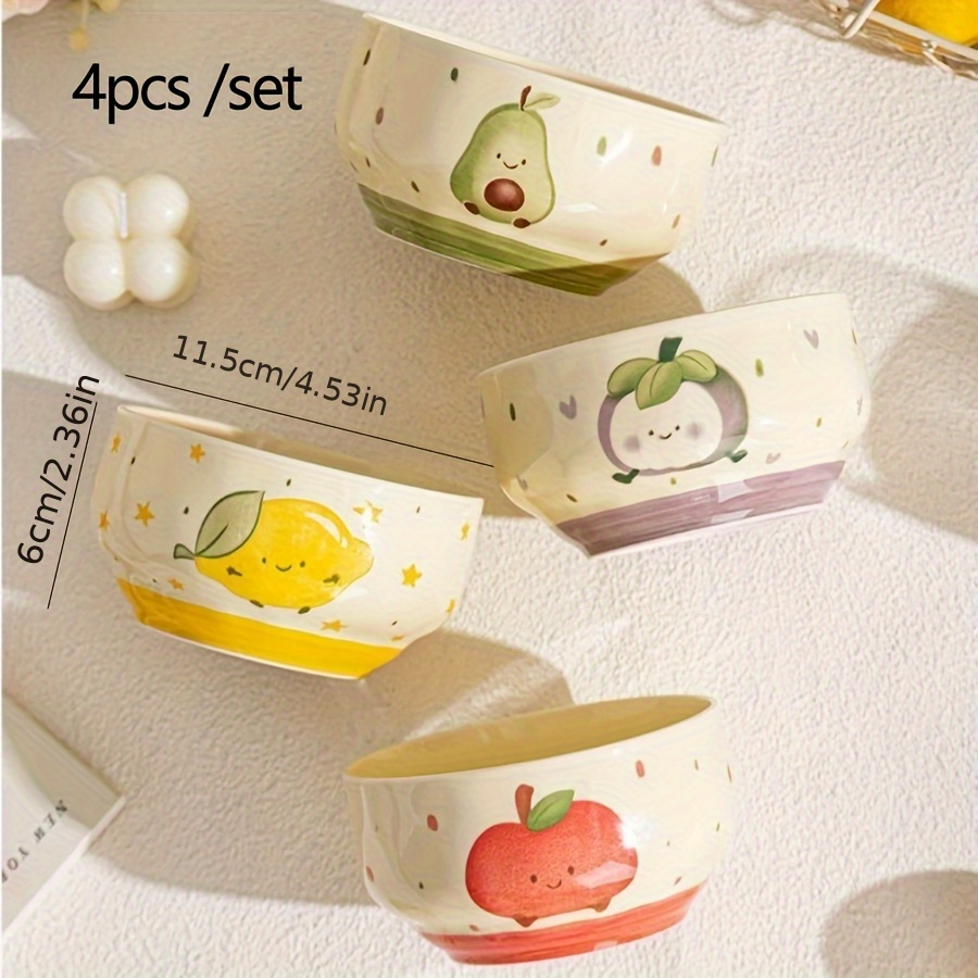 Image of 4cs Cute Fruit Pattern Ceramic Bowl, Cereal Bowl/yogurt Bowl/breakfast Bowl, Suitable For Home Kitchen/home Decoration/holiday Gift /back To , Microwave Safe/dishwasher Safe