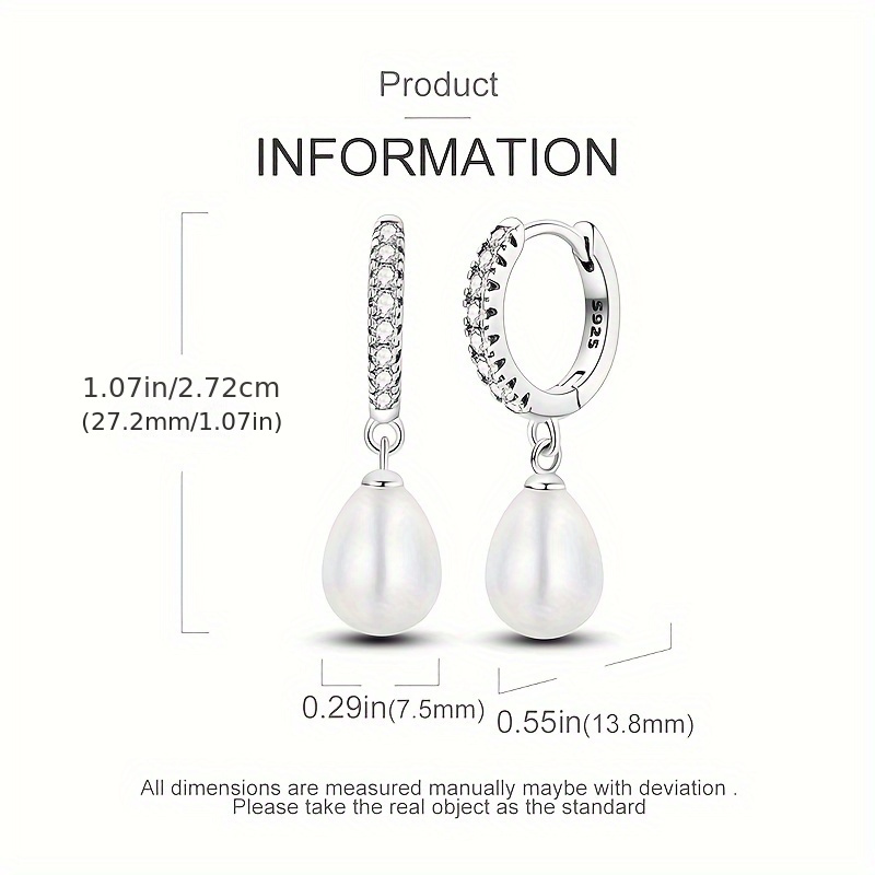 Elegant 925 Sterling Silver Drop & Dangle Earrings with Natural Pearl And Sparkling zirconia - Cute Holiday Style Jewelry for Women, Perfect for Wedding, Engagement, Birthday Gifts, Party Accessories - No Plating, Silver Ear Needle details 1