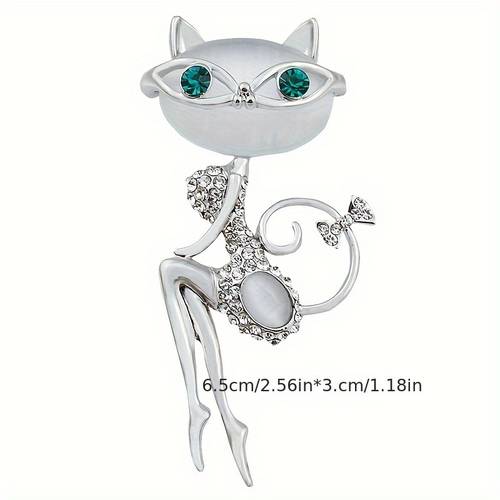 elegant opal cat brooch with glasses chic white alloy pin for dresses and accessories or holiday gift