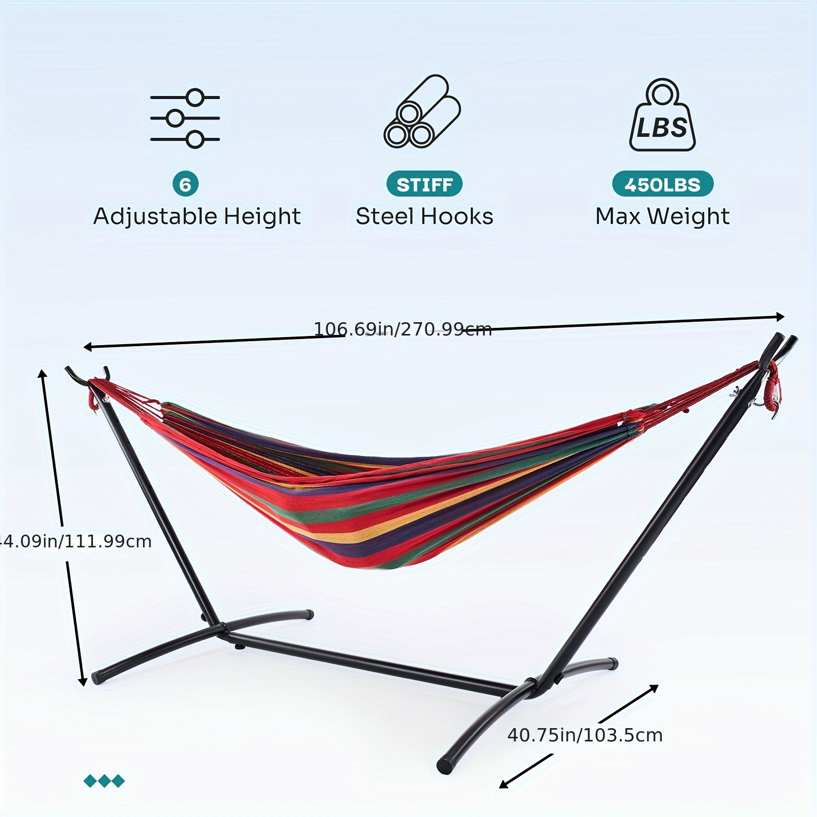 double hammock with space saving stand heavy duty   portable for outside indoor use 450lbs capacity easy assembly carrying bag included colorful stripes Product details 2