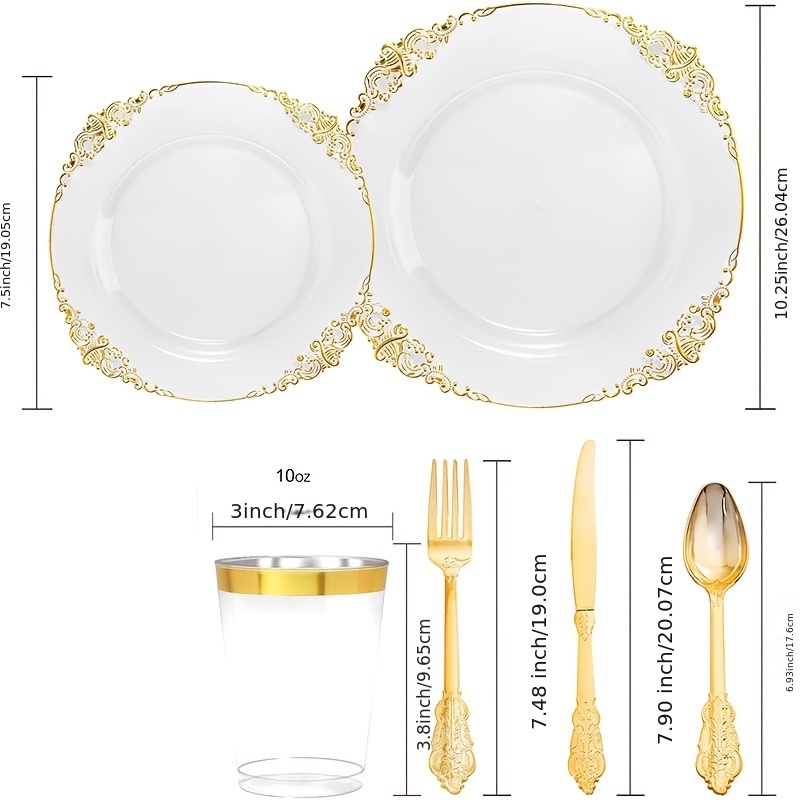 SUT 150 platos de plástico dorado, juego de vajilla desechable dorado  transparente con vasos, incluye: 25 platos llanos, 25 platos de postre, 25