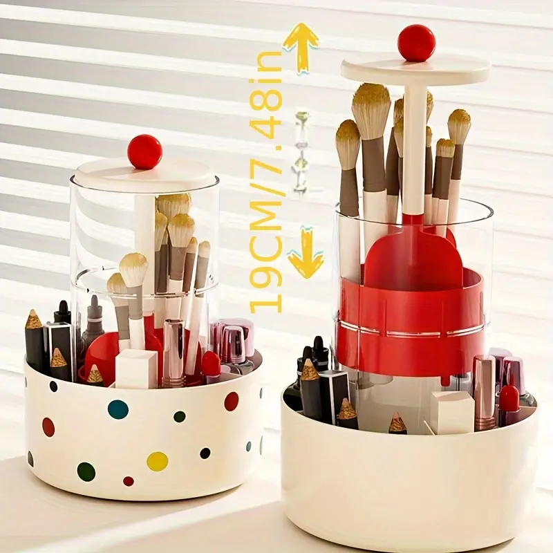 360 rotating makeup brush holder automatic lift spin dustproof countertop organizer lightweight plastic cosmetic storage box no power needed portable bathroom vanity organizer with independent counting makeup vanity desk design material Product details 2