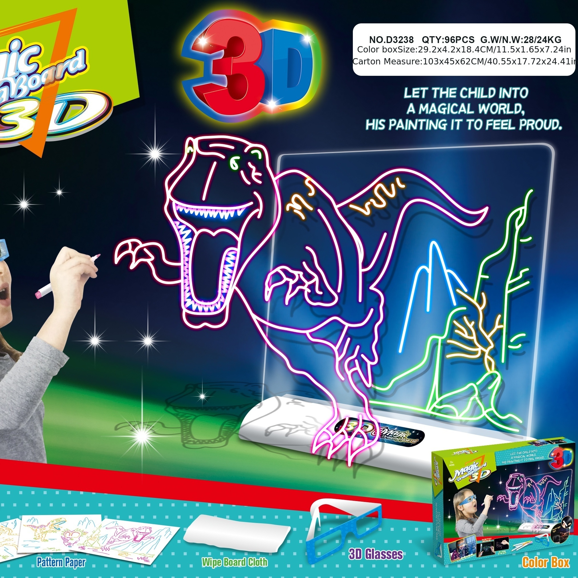 3D Drawing Board Toys Set Colorful Magic Fluorescent Drawing