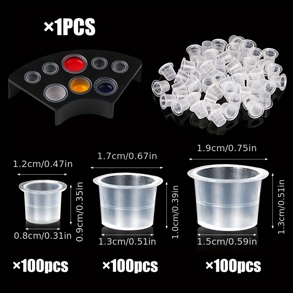 300 Tattoo Ink Cups With 1 Cup Holder: 100 Small, 100 Medium, Ink Cup Set, Tattoo Ink Tools And Accessories, Professional Tattoo Accessories