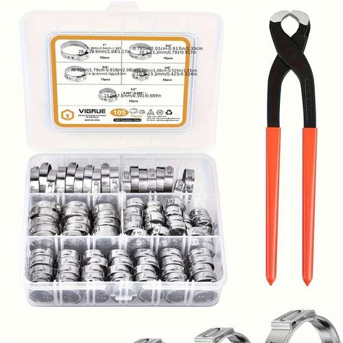 130-Piece Single Ear Stepless Hose Clamp Set – 304 Stainless Steel With Pliers