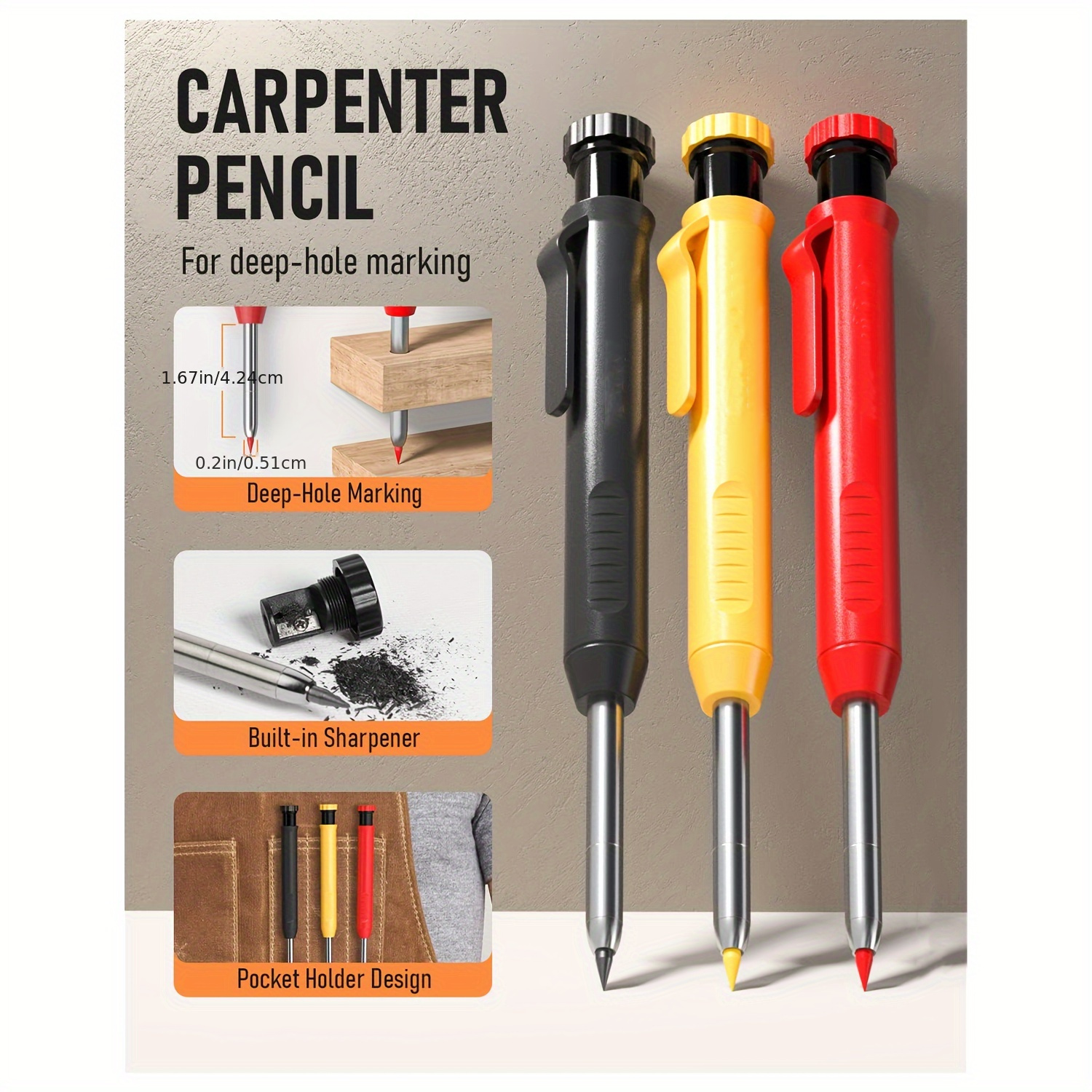 COOLHOOD Solid Carpenter Pencil Set Refill Leads Built-in Sharpener Marking  Tool Woodworking Deep Hole Mechanical Pencils Mechanical Pencil Set For