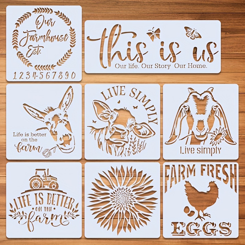 Farmhouse Stencils, 6 Pcs Farm Animals Theme Reusable Stencils for Painting  on Wood, Cow Sunflowers Bee Pig Sheep Hen Chicken Egg Stencils for Drawing