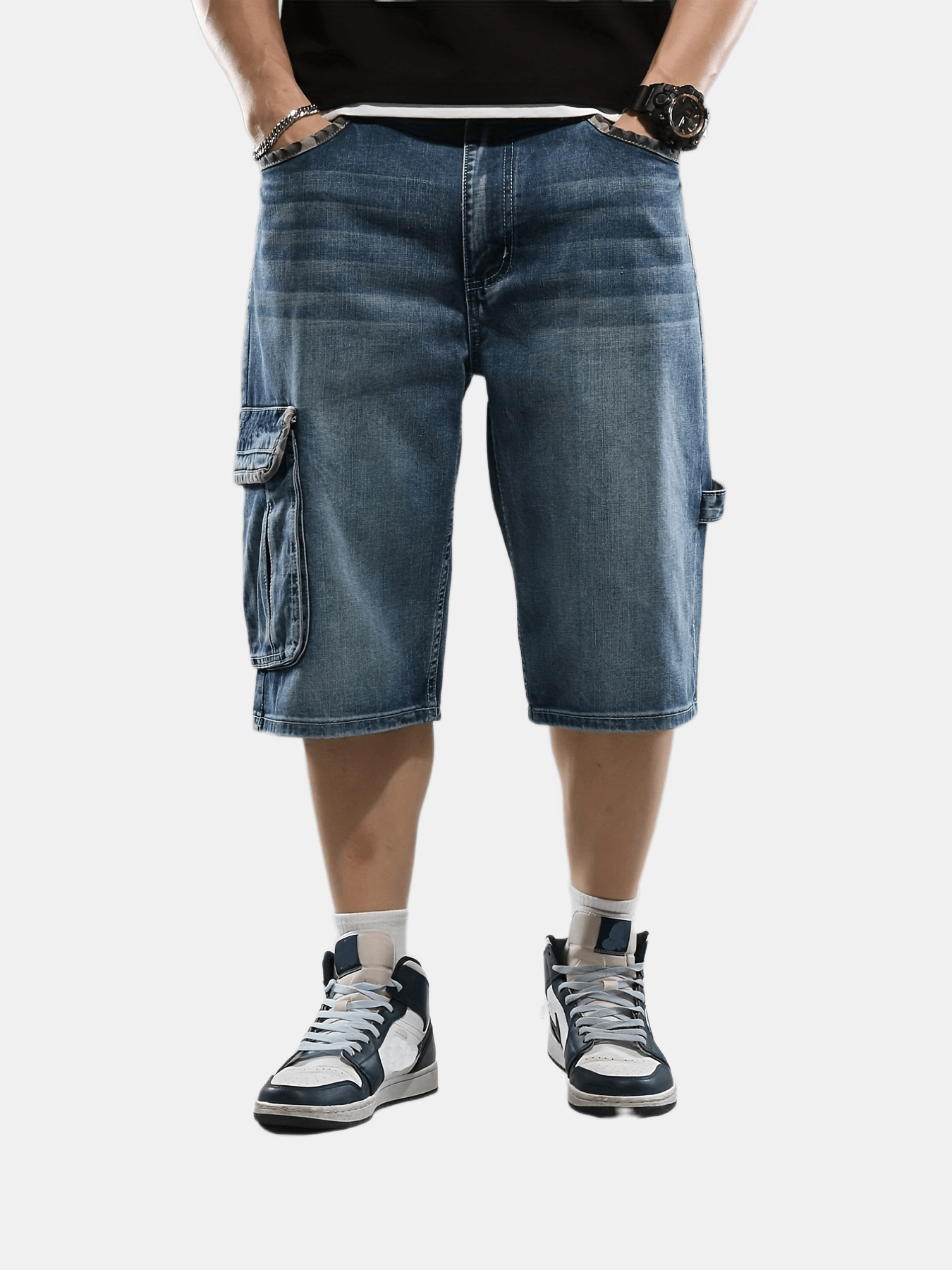 Summer Men Plaid Wide Leg Denim Shorts Casual Baggy Male Hip Hop