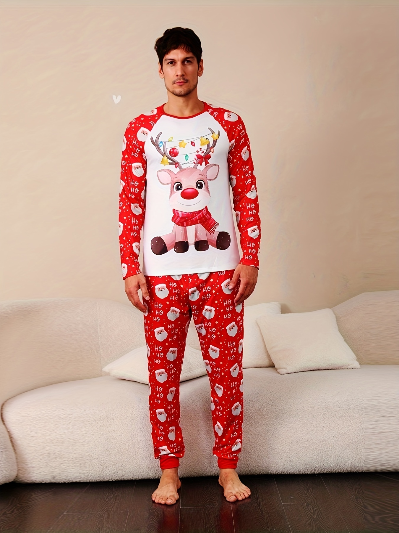 Men's Trendy Casual Christmas Pajamas Sets, Santa Claus And Reindeer  Cartoon Print Long Sleeve Crew Neck Top & Loose Pants Lounge Wear