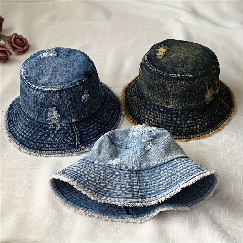 Classic Blue Denim Bucket Hat Trendy Washed Distressed Casual Basin Hats  Breathable Fisherman For Women - Temu Bulgaria