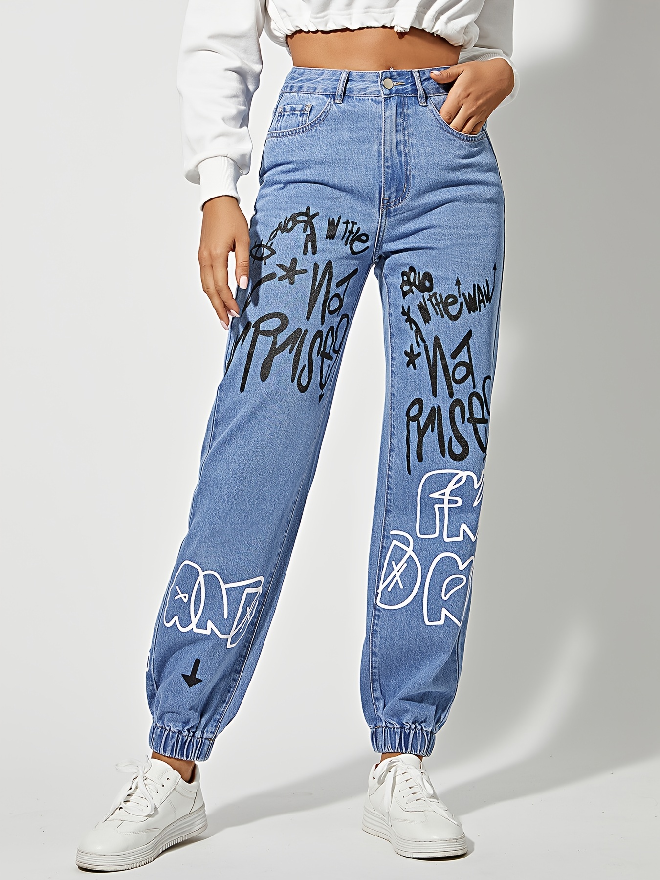 Star Print Whiskering High * Denim Pants, High Strech Slash Pocket Skinny  Jeans, Women's Denim Jeans & Clothing